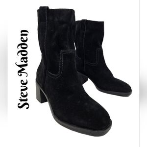 Steve Madden Romney Womens Boots Sz 7.5 M Black Suede Pull On Chunk Heel Casual